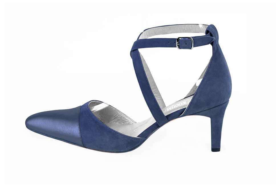 Prussian blue women's open side shoes, with crossed straps. Tapered toe. Medium comma heels. Profile view - Florence KOOIJMAN